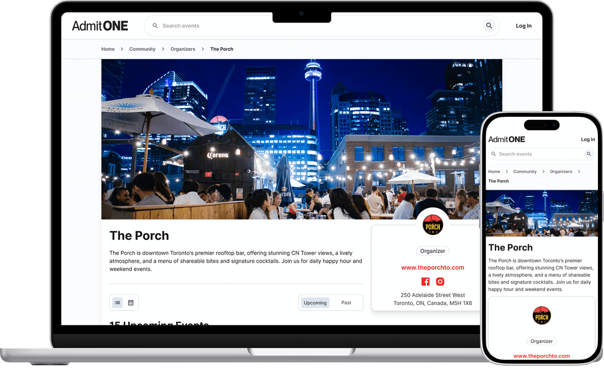 A laptop and a phone displaying the AdmitONE Community website